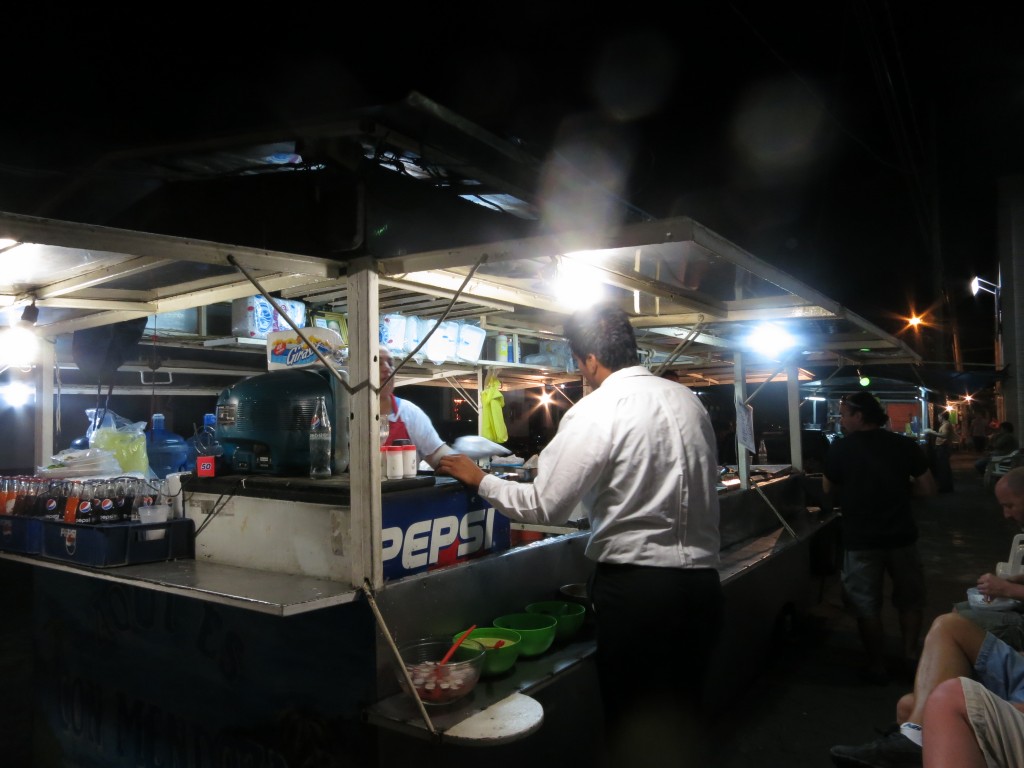 This truck had the largest varieties of fillings (including tongue, tripe and potato) and the largest selection of salsas, from thick habanero to pico to salsa verde and salsa rojo. The customer hides a massive molcajete filled with pickled jalapenos, carrots and onions. They also brought their own seating.