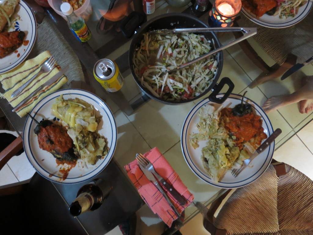 Another Puerto Vallarta meal: This one fresh fennel and grapefruit salad topped with toasted pistachios and cumin seed; poblanos stuffed with shrimp and potato and smothered in spicy red sauce; and enchiladas suizas made with chicken and with mushrooms, chiles and peppers. Not pictured: Four kinds of tequila.