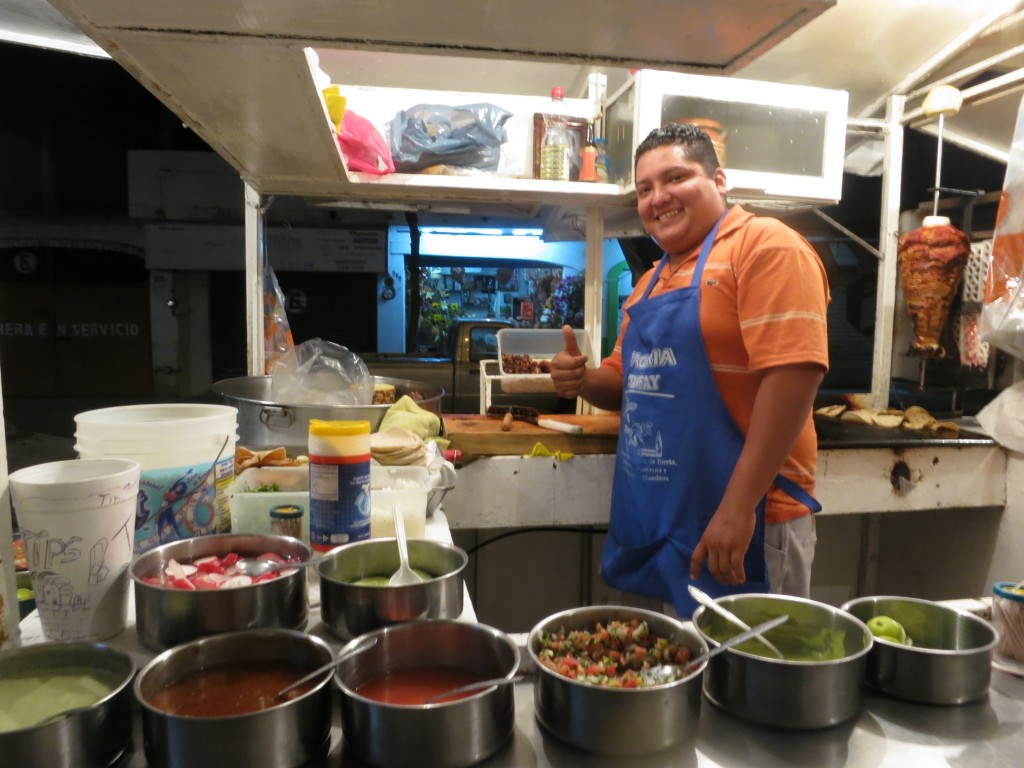 Thumbs up indeed: This taco truck, parked each night after 5 pm with several others outside a farmacia near Basilio Badillo, Puerto Vallarta's main drag, had an impressive selection of salsa and gave us our first taste of the "volcano" taco. Here that was an al pastor (roast pork, sliced by hand from a spit) taco with a mound of melty cheese and pico de gallo. Which doesn't really look like a volcano--which still dot Mexico--but no matter, it was crazy delicious.