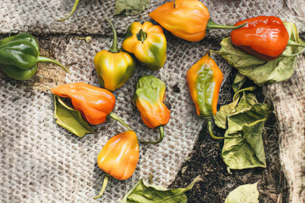 nine freshly picked hot peppers sitting on burlap