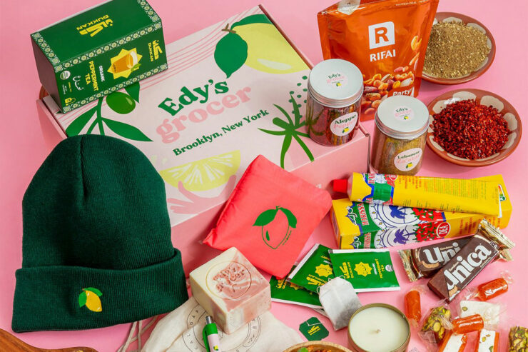 edy's grocer gift box contents against a pink background